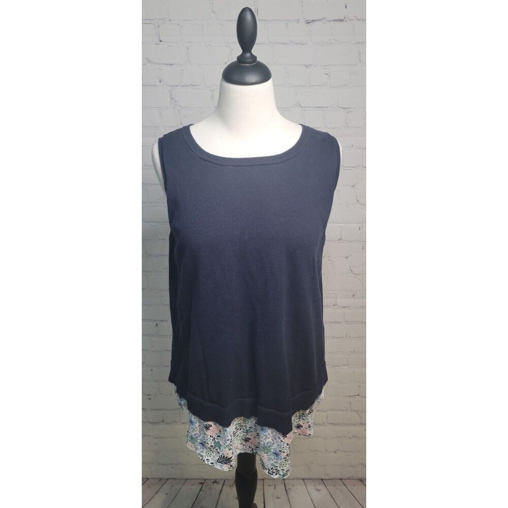 Loft  Women's Navy Crew Neck Sleeveless Top size Lg Split Back With Floral Under